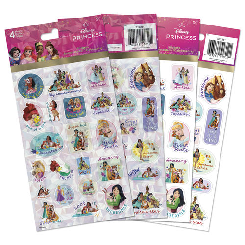 Four sheets of officially licensed Disney Princess educational and reward stickers by Sandylion featuring motivational quotes.