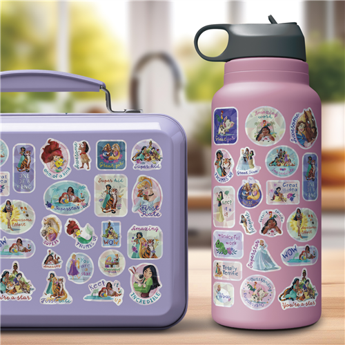 Lunch box and water bottle with Disney princess stickers on a wooden surface.