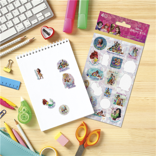 Four sheets of officially licensed Disney Princess educational and reward stickers by Sandylion featuring motivational quotes.