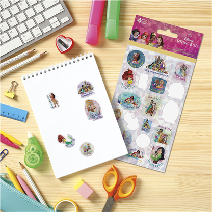 Four sheets of officially licensed Disney Princess educational and reward stickers by Sandylion featuring motivational quotes.