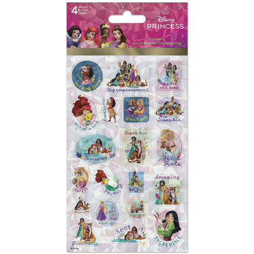 Disney Princess sticker sheet with various stickers on a white background
