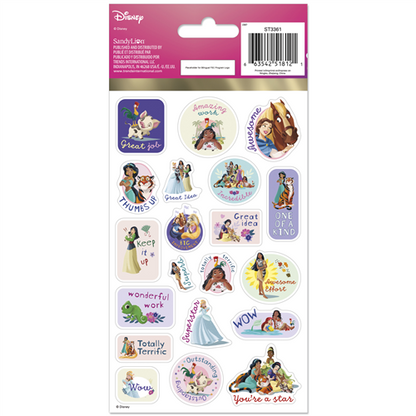 Sheet of Disney stickers with various characters and phrases on a white background.