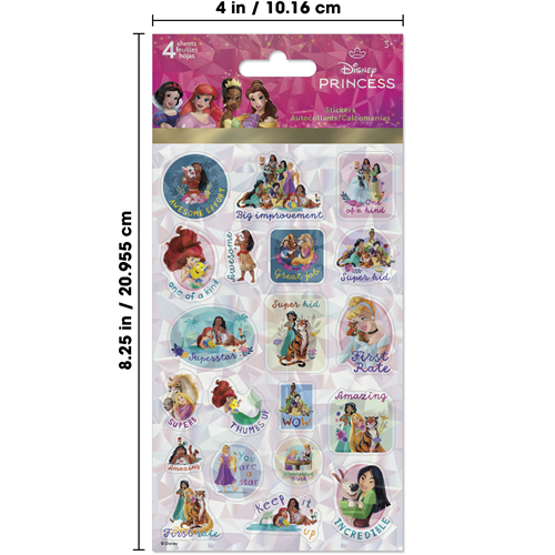 Disney Princess stickers in a packaging with character illustrations and text.