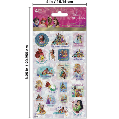 Disney Princess stickers in a packaging with character illustrations and text.