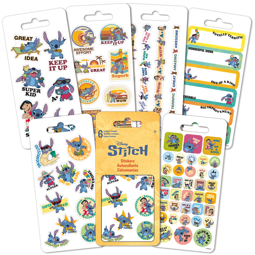 Six sheets of officially licensed Disney Stitch educational and reward stickers by Sandylion featuring motivational quotes.