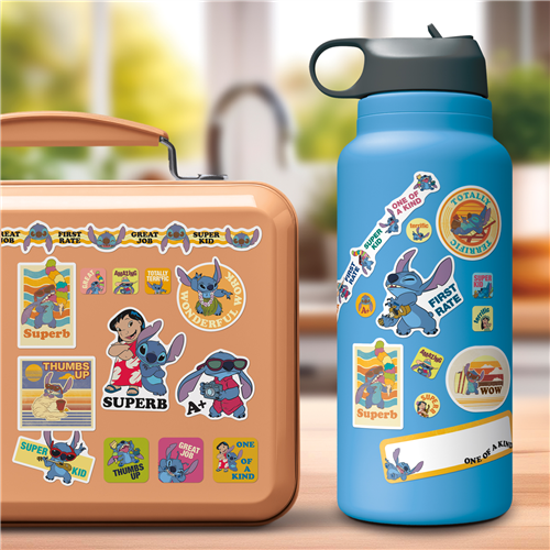 Lunch box and water bottle with cartoon character stickers on a wooden surface.