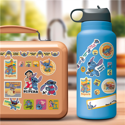 Lunch box and water bottle with cartoon character stickers on a wooden surface.