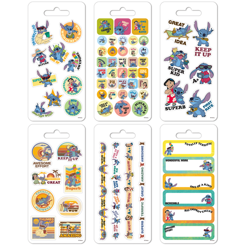 Six sheets of officially licensed Disney Stitch educational and reward stickers by Sandylion featuring motivational quotes.