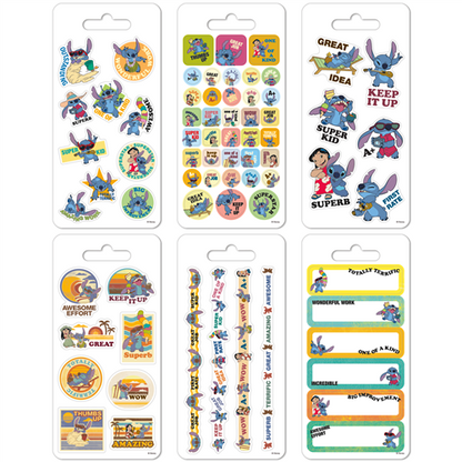 Six sheets of officially licensed Disney Stitch educational and reward stickers by Sandylion featuring motivational quotes.