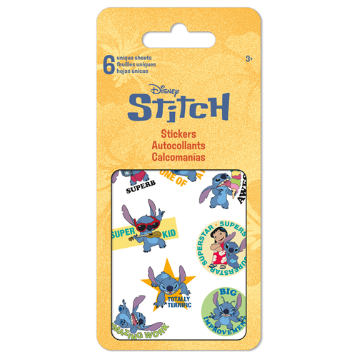 Pack of Disney Stitch stickers with character illustrations on a yellow card.