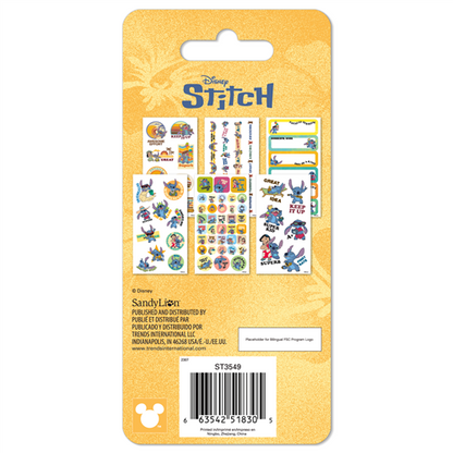 Packaging of Disney Stitch stickers with a yellow background