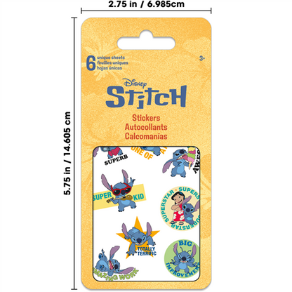 Packaging of Disney Stitch stickers with dimensions and product details.