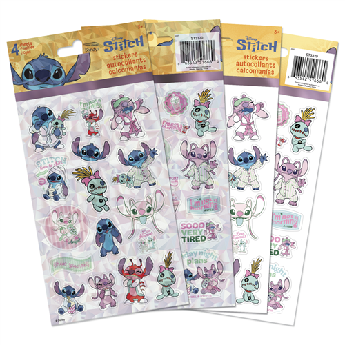 Four sheets of officially licensed Disney Lilo and Stitch stickers, featuring two holographic and two standard sheets with Stitch, Angel, and Scrump in pajamas.