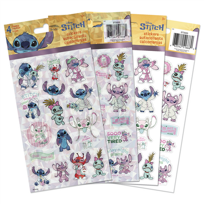 Four sheets of officially licensed Disney Lilo and Stitch stickers, featuring two holographic and two standard sheets with Stitch, Angel, and Scrump in pajamas.