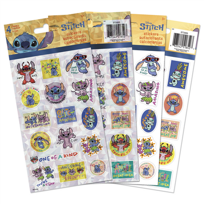 Four sheets of officially licensed Disney Stitch educational and reward stickers by Sandylion featuring motivational quotes.