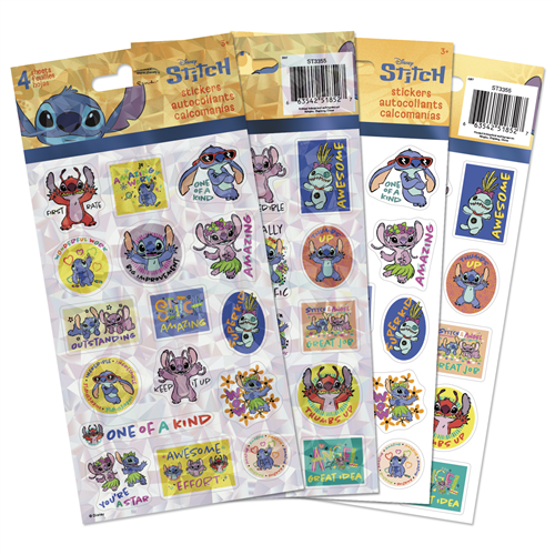 Four sheets of officially licensed Disney Stitch educational and reward stickers by Sandylion featuring motivational quotes.