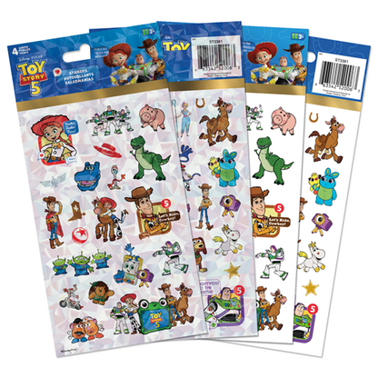Disney Toy Story 5 4-sheet sticker pack featuring Woody, Buzz Lightyear, Jessie, and friends