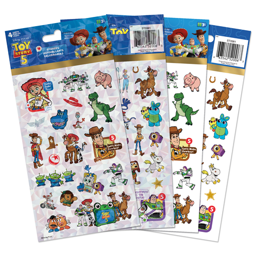 Disney Toy Story 5 4-sheet sticker pack featuring Woody, Buzz Lightyear, Jessie, and friends