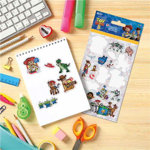Disney Toy Story 5 4-sheet sticker pack featuring Woody, Buzz Lightyear, Jessie, and friends