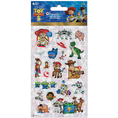 Disney Toy Story 5 4-sheet sticker pack featuring Woody, Buzz Lightyear, Jessie, and friends