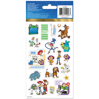 Toy Story character stickers on a white card with blue border