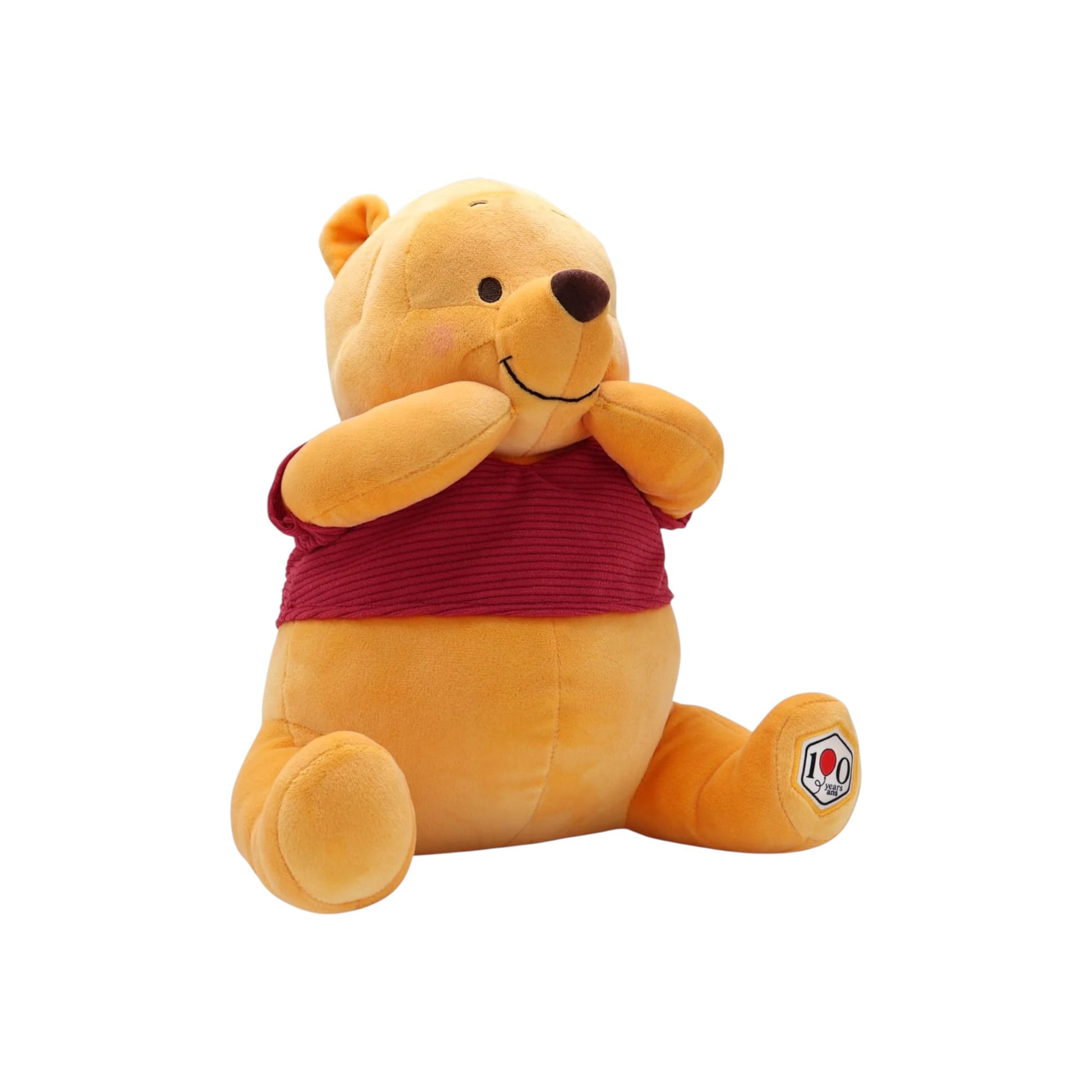 Disney Winnie the Pooh 100th Anniversary Pooh plush, sitting with paws on cheeks, wearing a red corduroy shirt with a 100 Years patch.