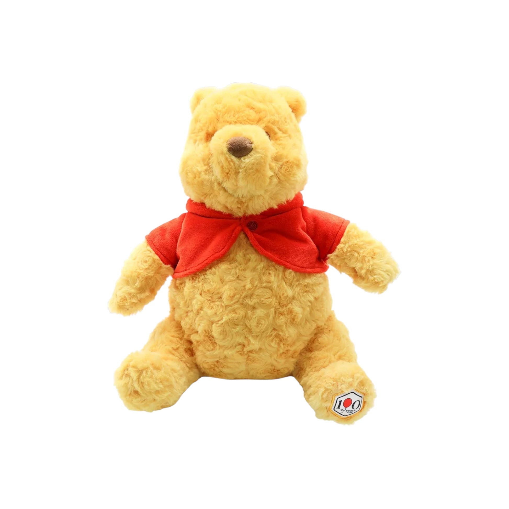 Disney Winnie the Pooh 100th Anniversary plush featuring textured rose-swirl fur and a red velvet cardigan.