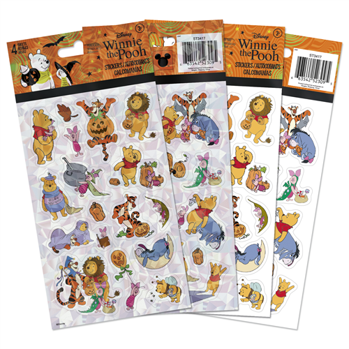Disney Winnie the Pooh Halloween 4-sheet sticker pack featuring Pooh, Tigger, Piglet, and Eeyore in cute spooky costumes