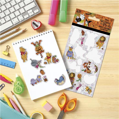Disney Winnie the Pooh Halloween 4-sheet sticker pack featuring Pooh, Tigger, Piglet, and Eeyore in cute spooky costumes