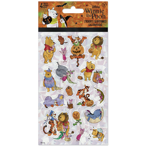Disney Winnie the Pooh Halloween 4-sheet sticker pack featuring Pooh, Tigger, Piglet, and Eeyore in cute spooky costumes