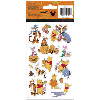 Disney Winnie the Pooh Halloween 4-sheet sticker pack featuring Pooh, Tigger, Piglet, and Eeyore in cute spooky costumes