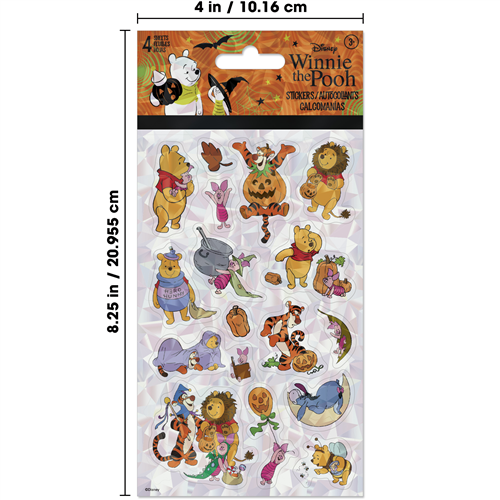 Disney Winnie the Pooh Halloween 4-sheet sticker pack featuring Pooh, Tigger, Piglet, and Eeyore in cute spooky costumes
