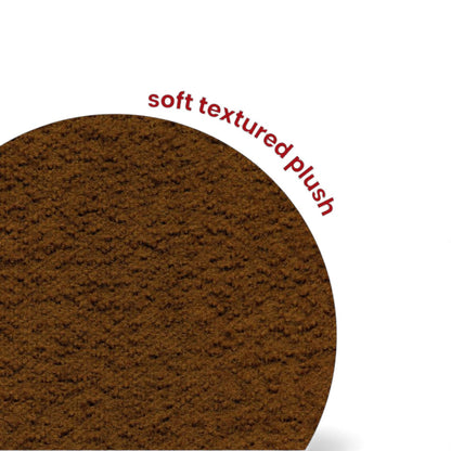 Brown textured surface with 'soft textured plush' text on a white background