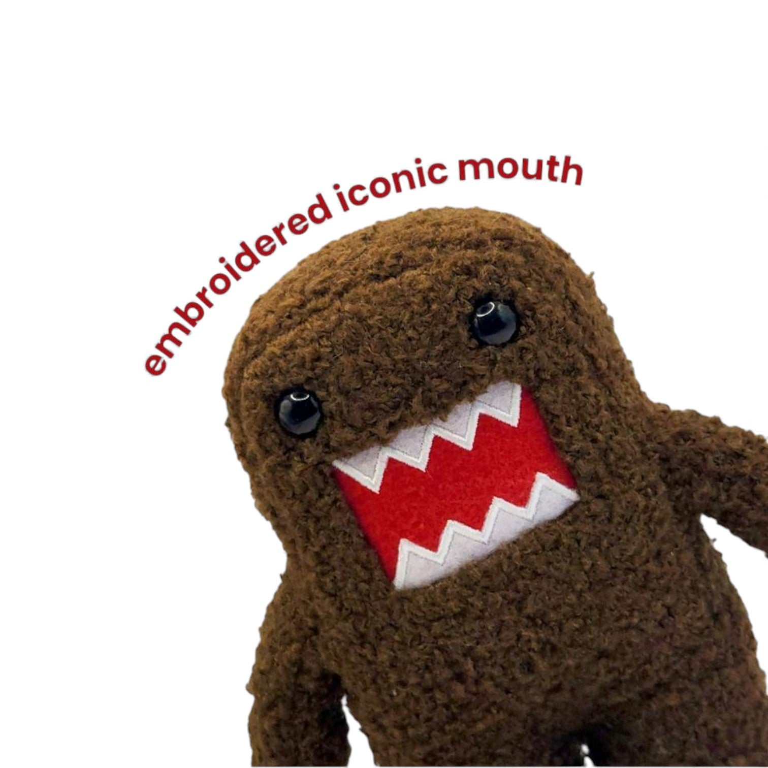 Brown plush toy with red mouth and black eyes on a white background