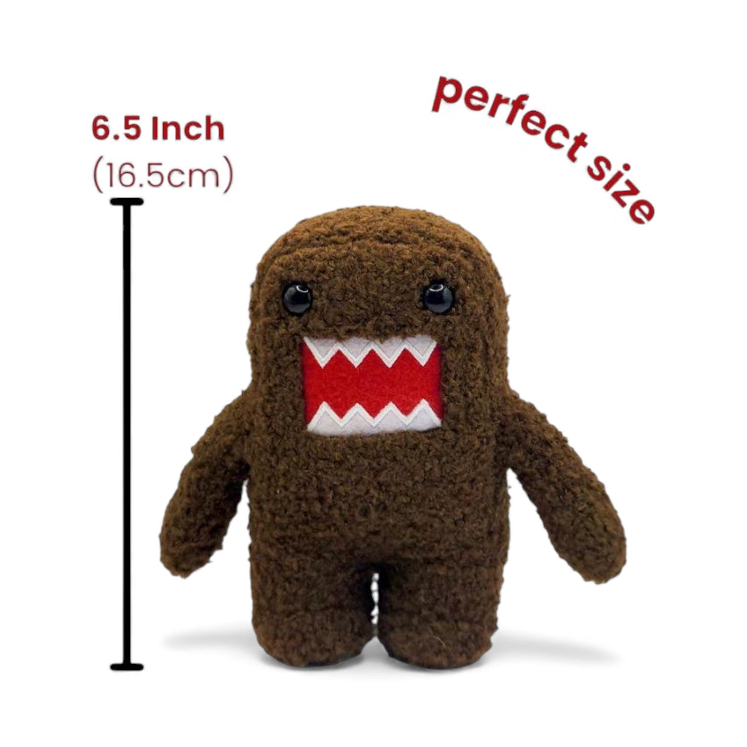 Small brown plush toy with a red mouth, shown with a measurement stick indicating its size of 6.5 inches.