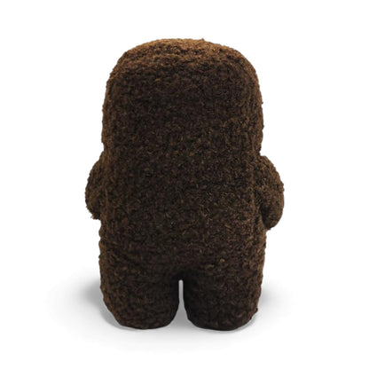 Back view of the 6.5-inch Domo plush, a brown fuzzy rectangular monster with a large open mouth holding a green boba tea cup.