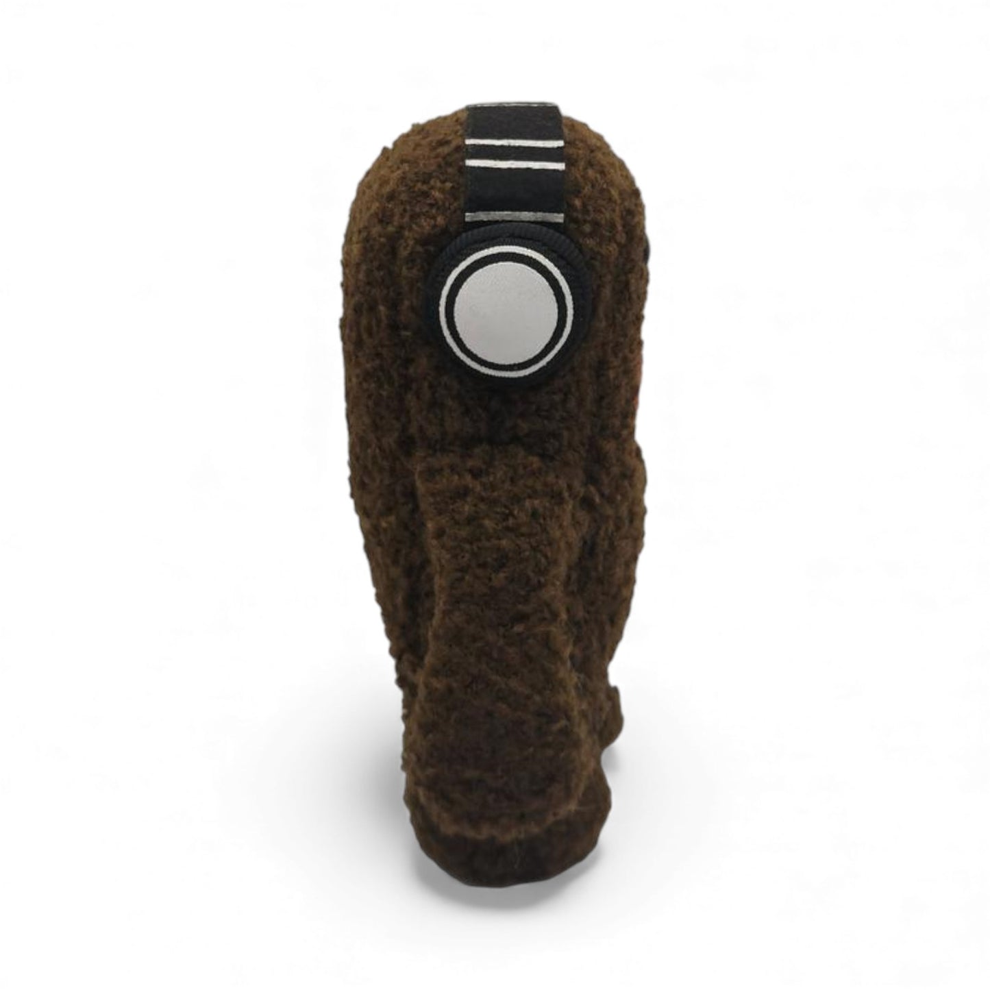 Side view of the 6.5-inch Domo plush, a brown fuzzy monster wearing black
and white headphones.