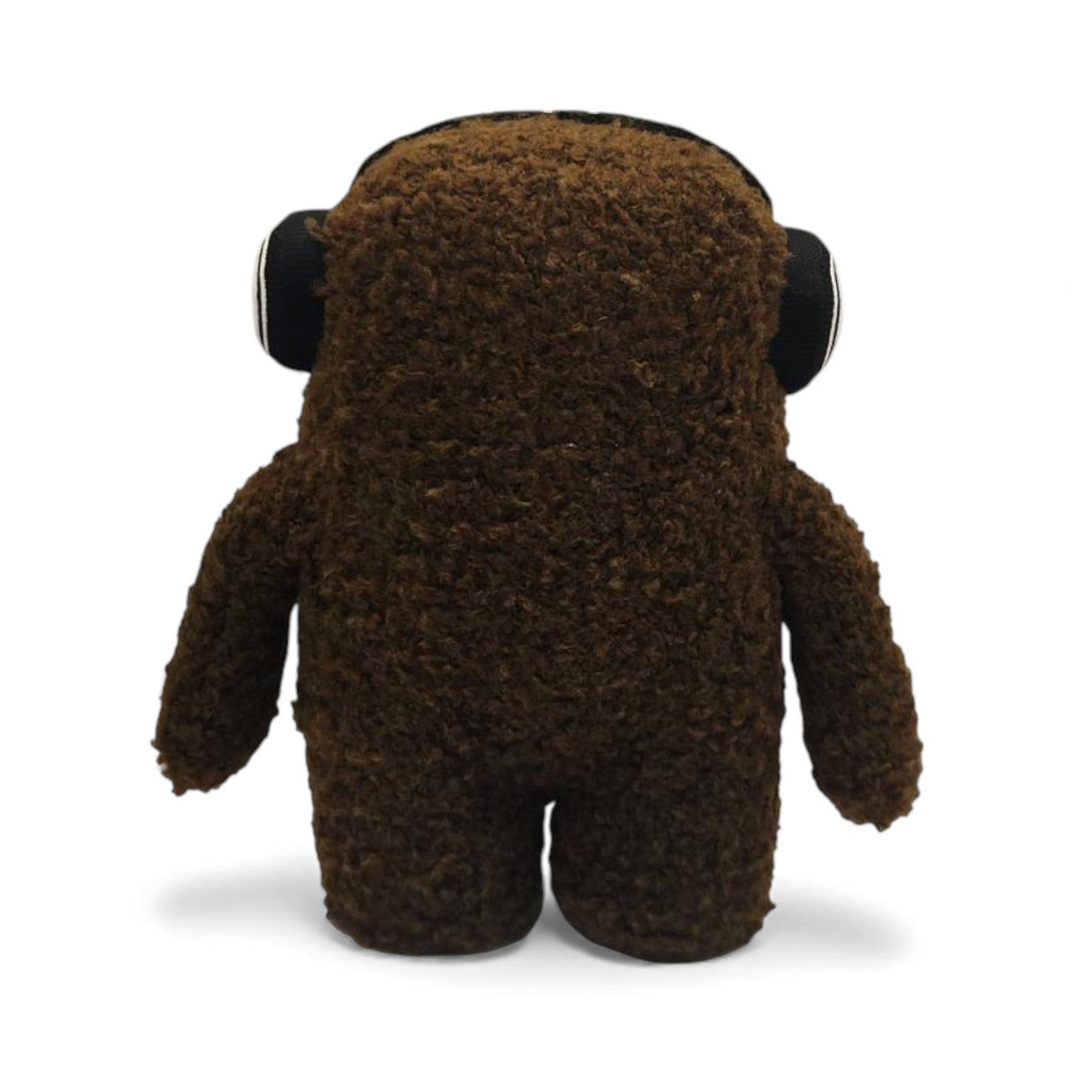 Back view of the 6.5-inch Domo plush, a brown fuzzy monster wearing black
and white headphones.