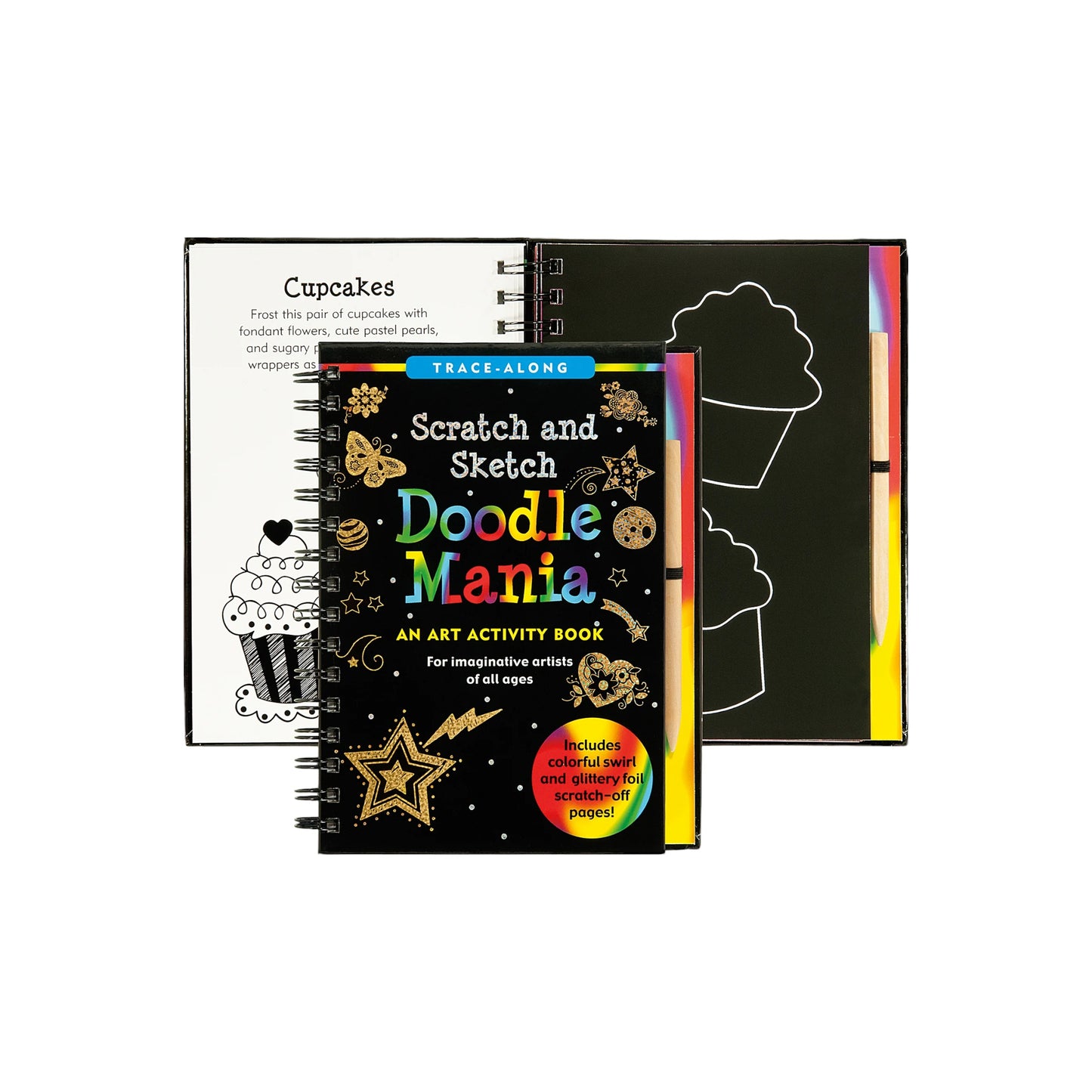 Doodle Mania Scratch and Sketch art activity book featuring a wooden stylus and black scratch-off pages that reveal colorful patterns.