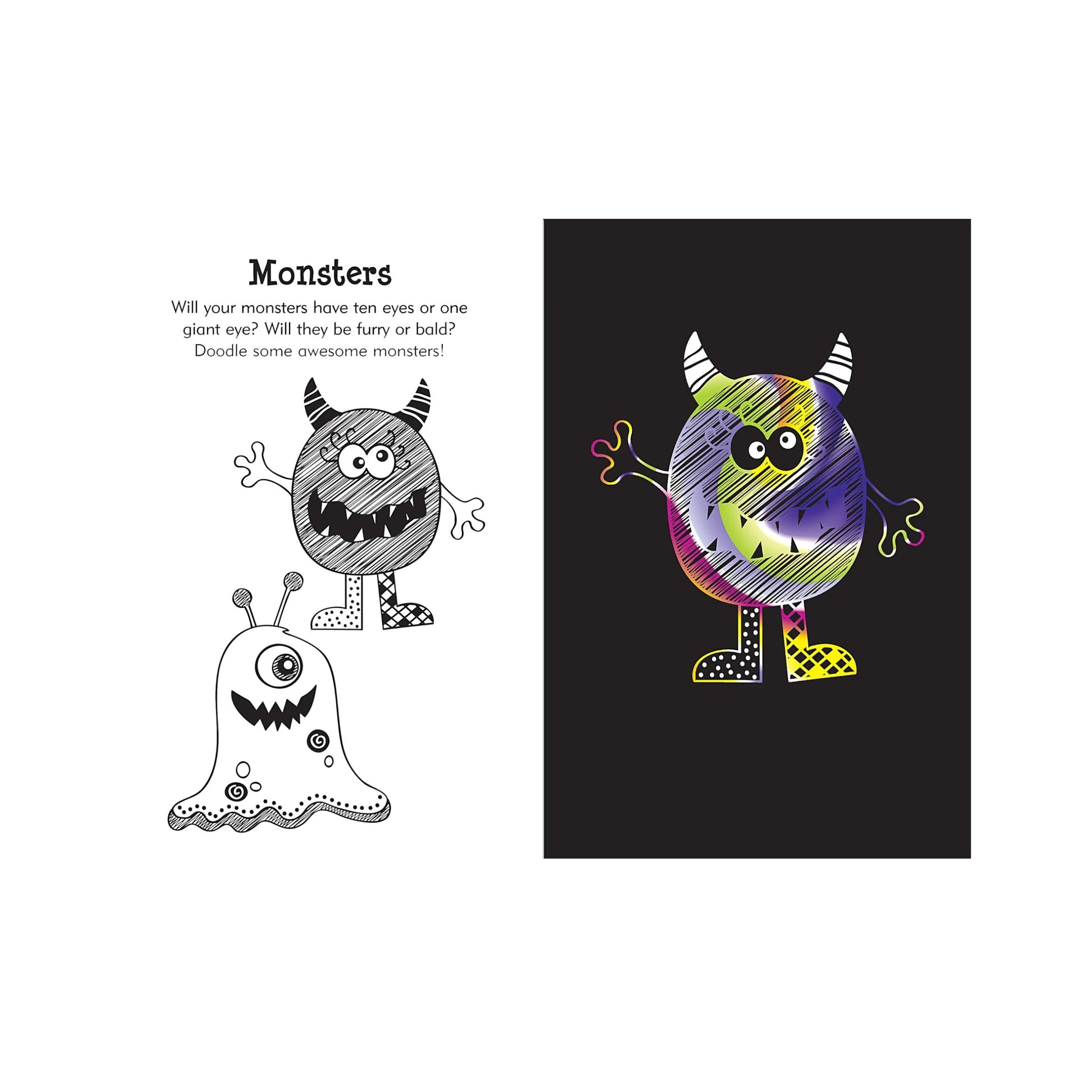 Doodle Mania Scratch and Sketch art activity book featuring a wooden stylus and black scratch-off pages that reveal colorful patterns.