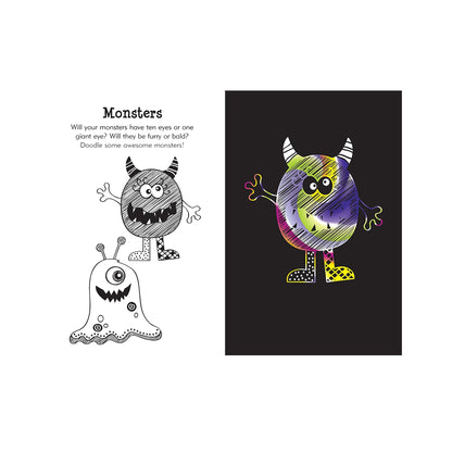 Doodle Mania Scratch and Sketch art activity book featuring a wooden stylus and black scratch-off pages that reveal colorful patterns.
