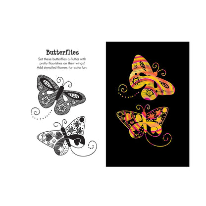 Doodle Mania Scratch and Sketch art activity book featuring a wooden stylus and black scratch-off pages that reveal colorful patterns.