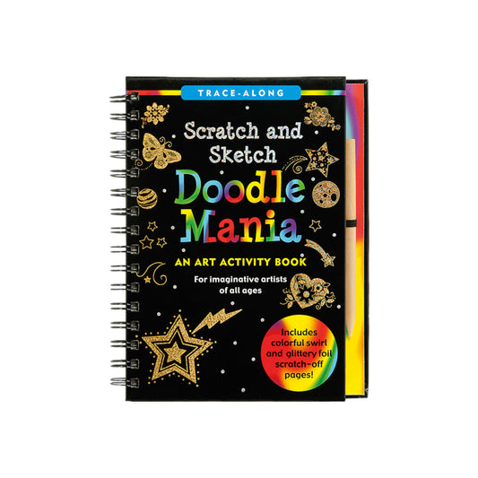 Doodle Mania Scratch and Sketch art activity book featuring a wooden stylus and black scratch-off pages that reveal colorful patterns.