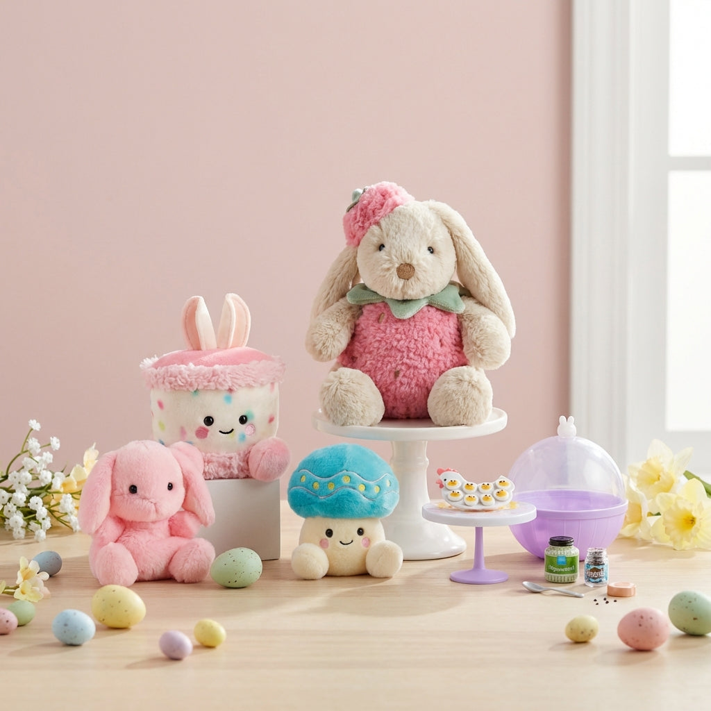 Colorful plush toys on a wooden surface with a pink wall background