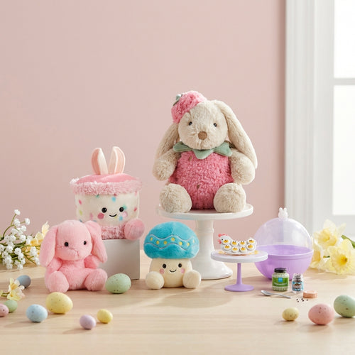 Colorful plush toys on a wooden surface with a pink wall background