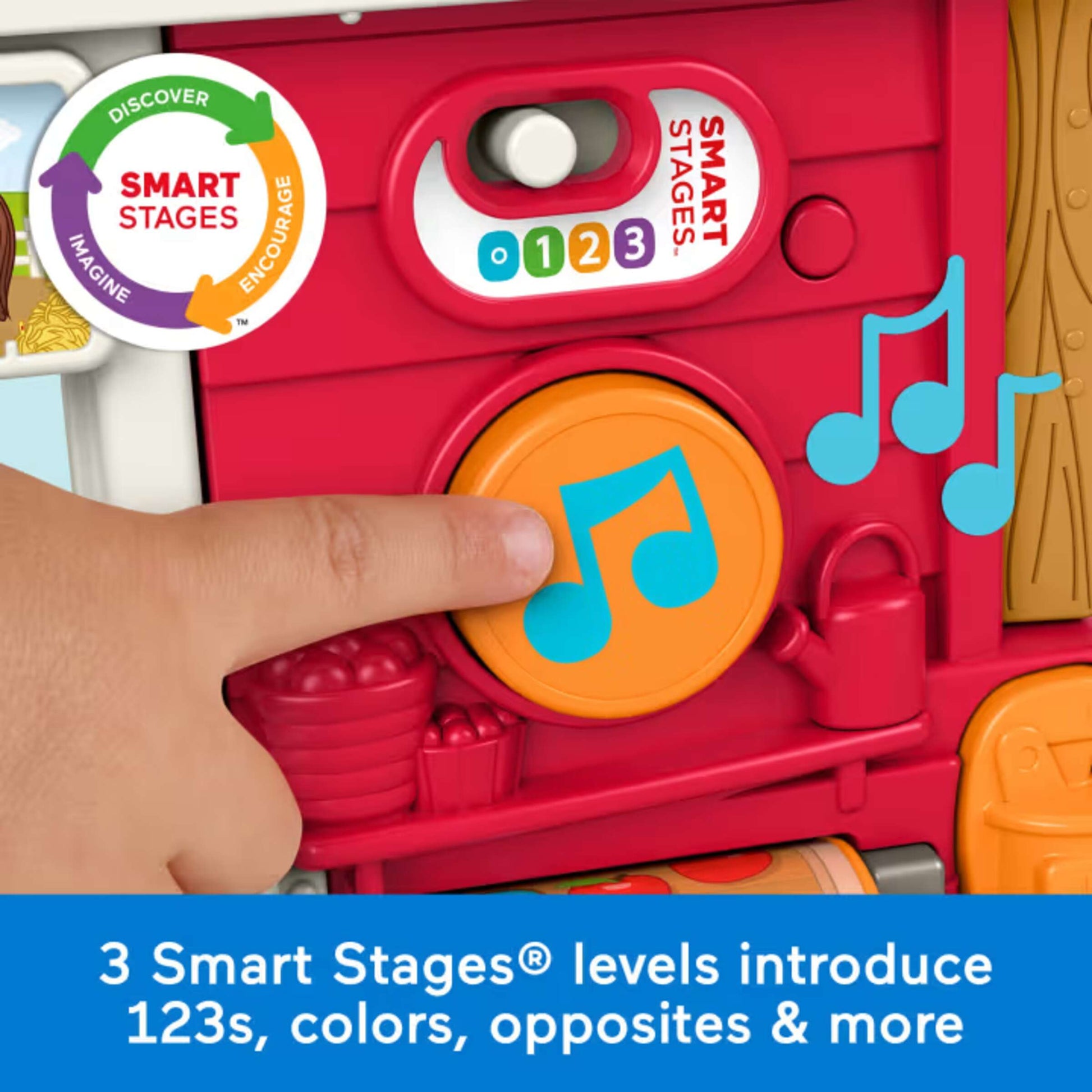 Children's educational toy with 'Smart Stages' branding and musical elements.