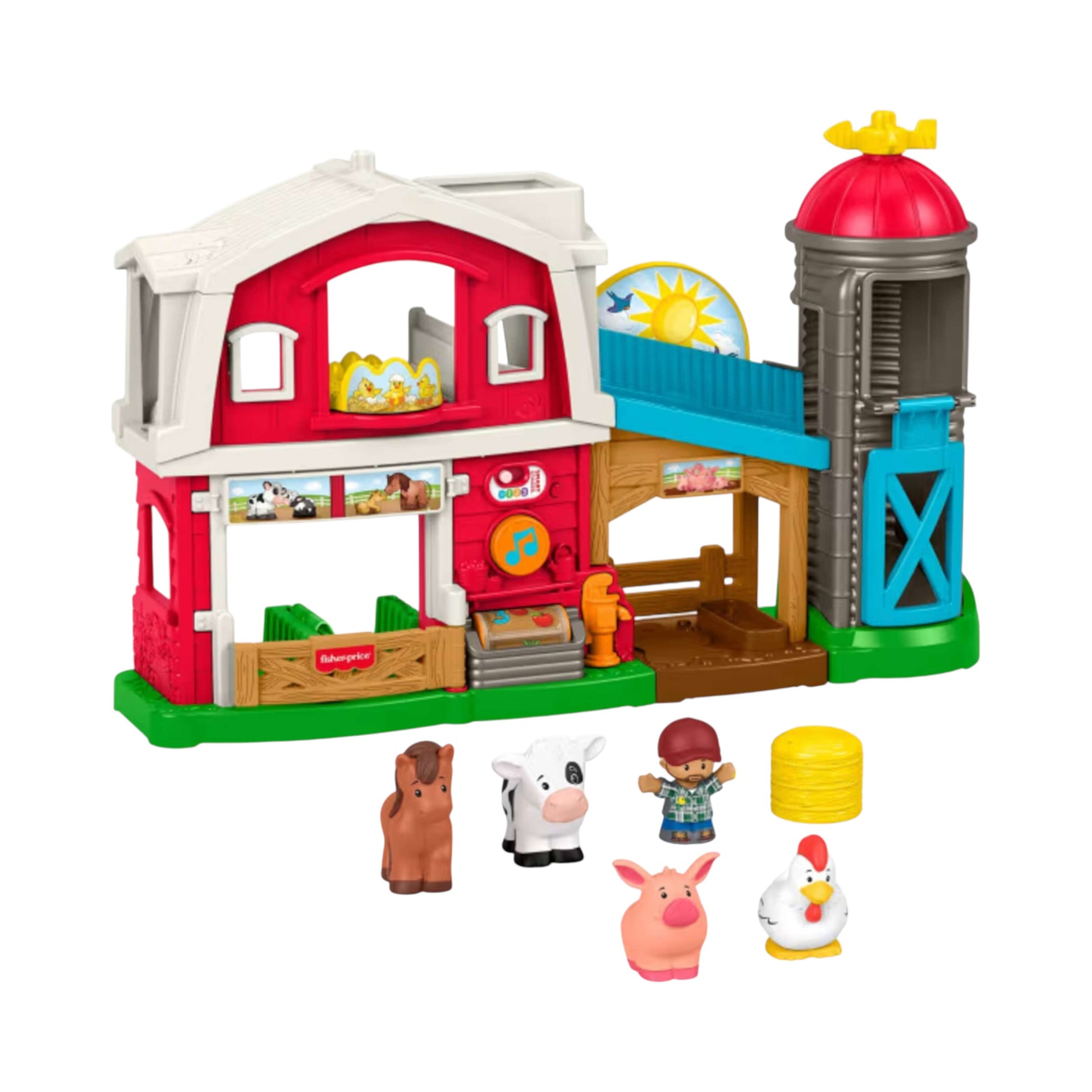 Fisher-Price Little People Caring Fun Animal Farm playset featuring a red two-story barn, a farmer figure, and animal figures.
