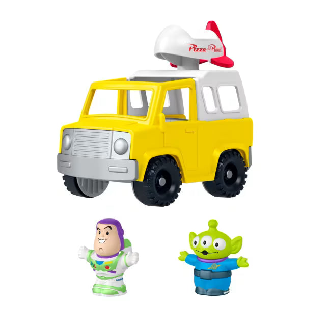 Fisher-Price Little People Toy Story Pizza Planet Truck set featuring a yellow toy delivery truck with a spinning spaceship, plus Buzz Lightyear and Alien figures.