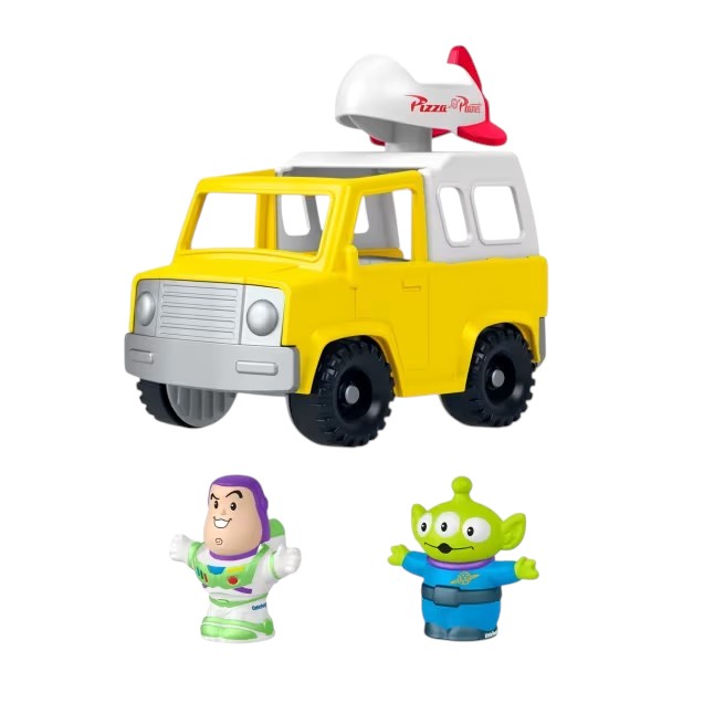 Fisher-Price Little People Toy Story Pizza Planet Truck set featuring a yellow toy delivery truck with a spinning spaceship, plus Buzz Lightyear and Alien figures.