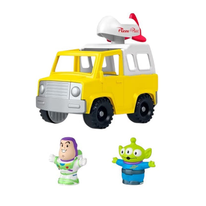 Fisher-Price Little People Toy Story Pizza Planet Truck set featuring a yellow toy delivery truck with a spinning spaceship, plus Buzz Lightyear and Alien figures.